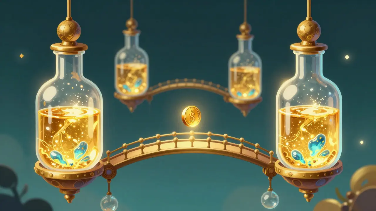 Golden and blue liquidity pools connected by a magical mechanical bridge.