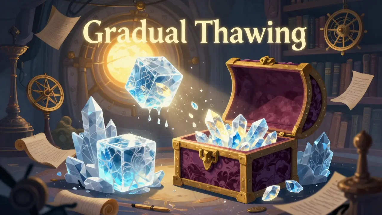 Golden sunlight melting ice blocks to release glowing crystals in a magical vault.