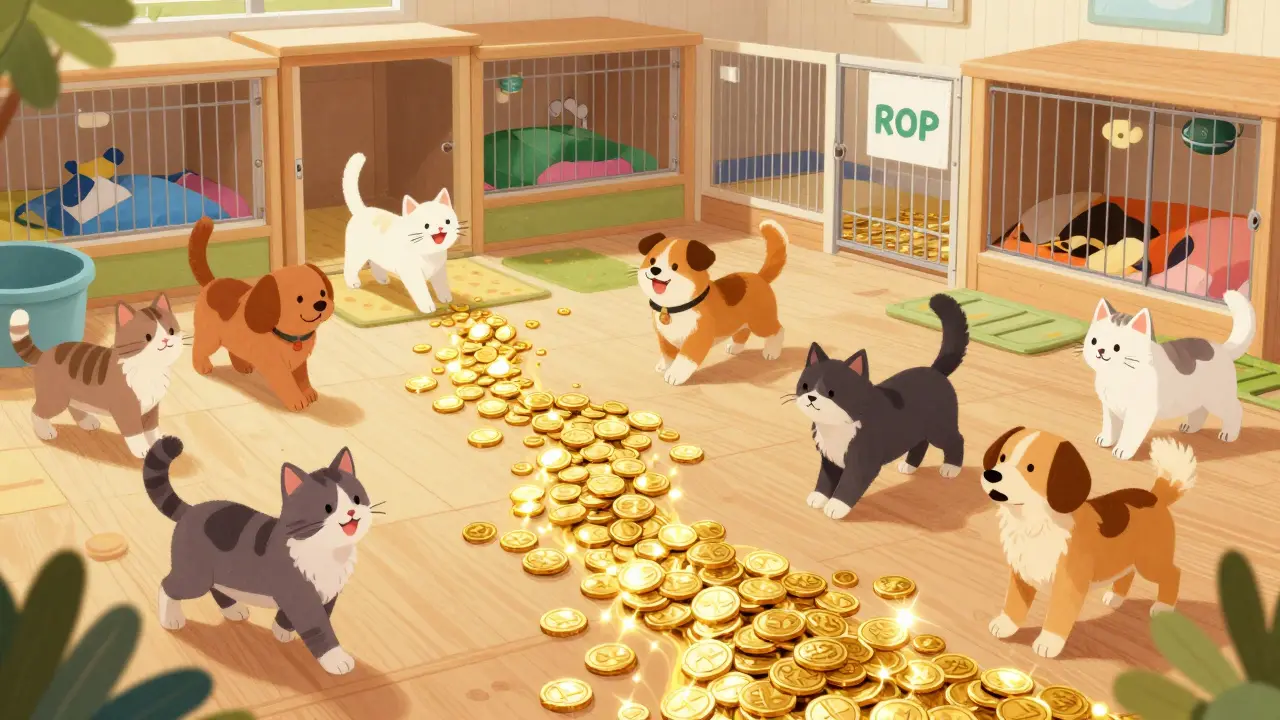 Happy cats and dogs in a cozy shelter with a flowing river of golden crypto coins.