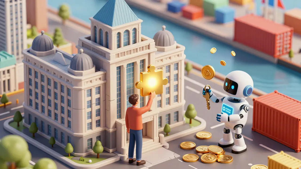 Illustration of a person holding a fractional token of a building and a robot managing a payment.