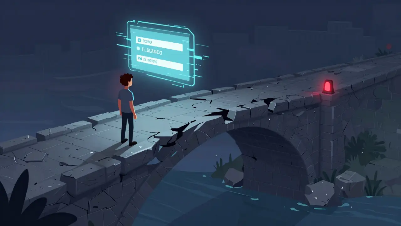 Illustration of a person standing on a crumbling digital bridge with a frozen account screen.