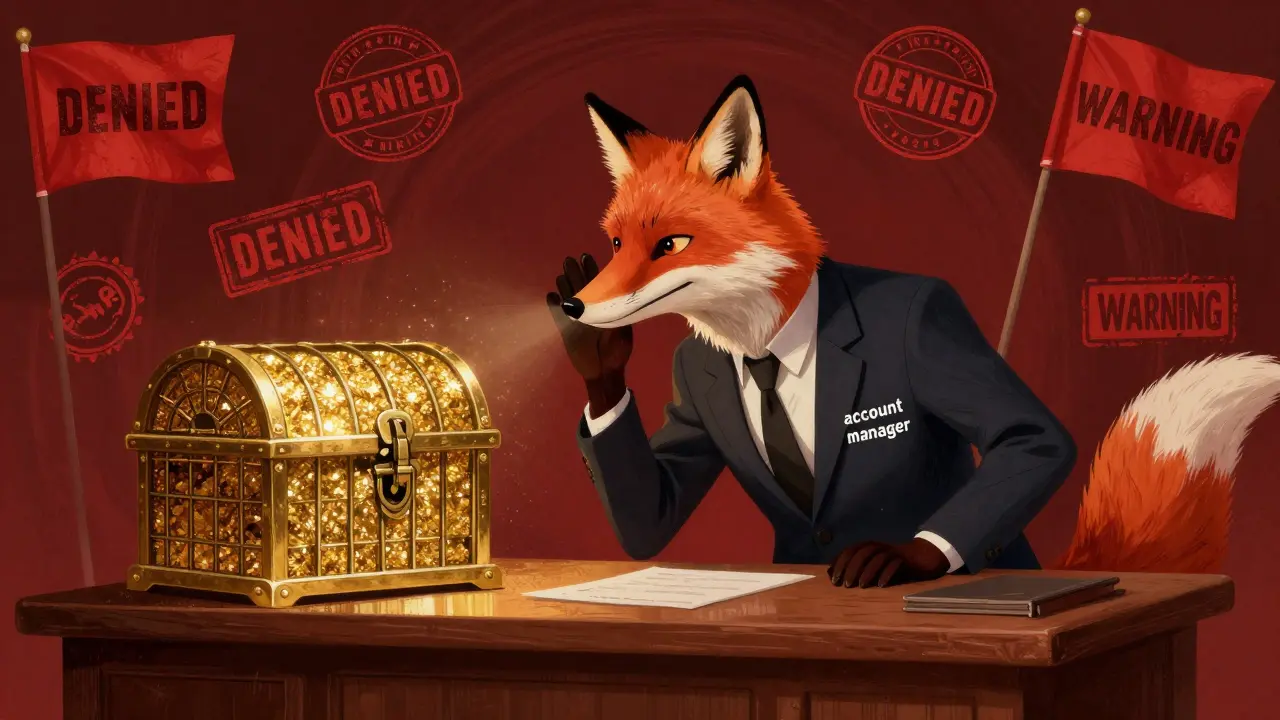 Illustration of a sly fox in a suit pressuring a person to invest in a locked treasure chest.