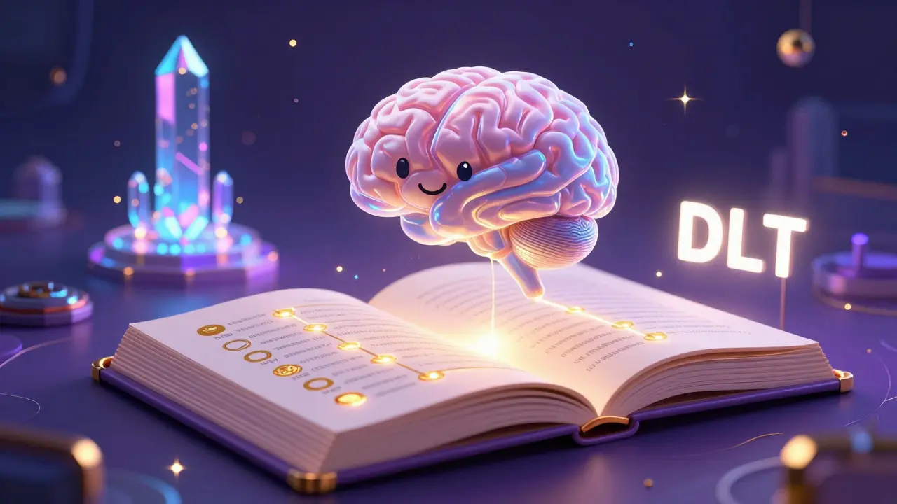 Illustration of a transparent AI brain connected to a glowing digital ledger and a quantum crystal spire.