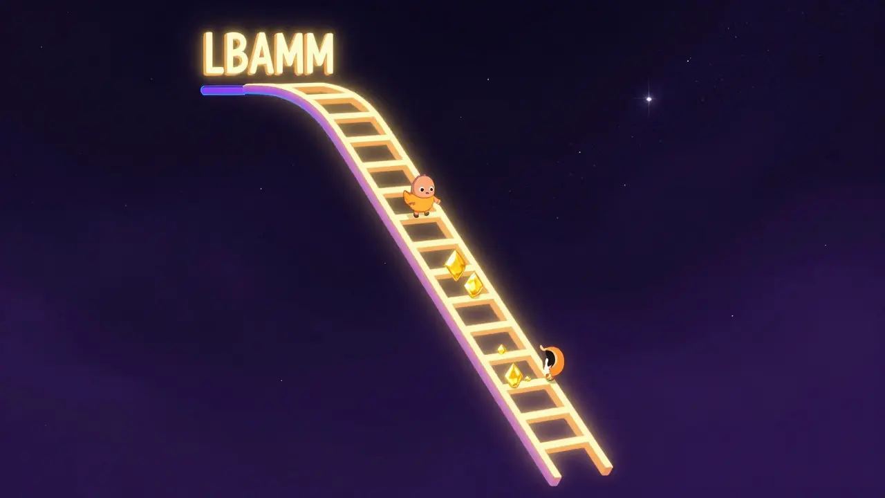 Magical glowing ladder with colorful rungs representing liquidity price bins in a starry void.