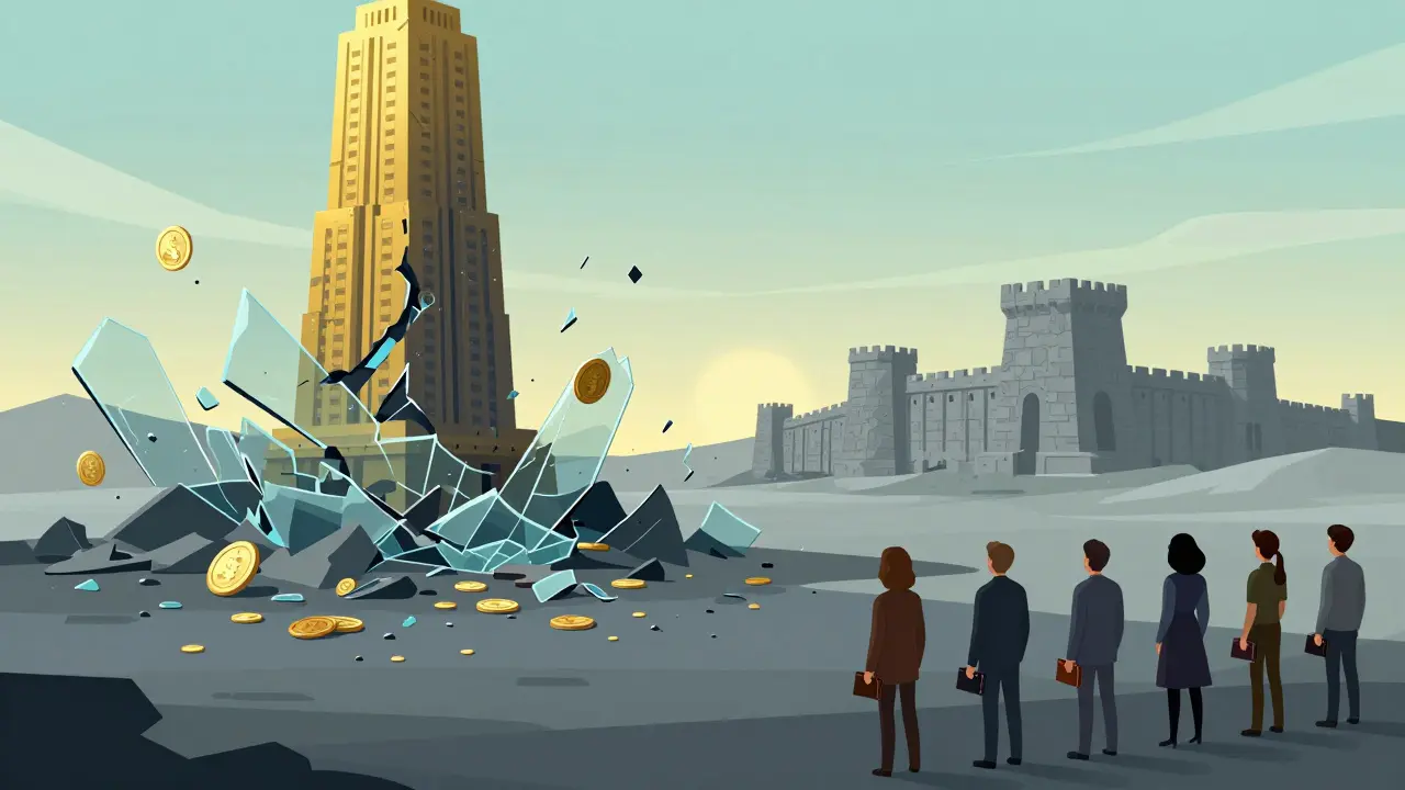 Ruins of a golden digital tower with people looking toward a sturdy iron fortress.