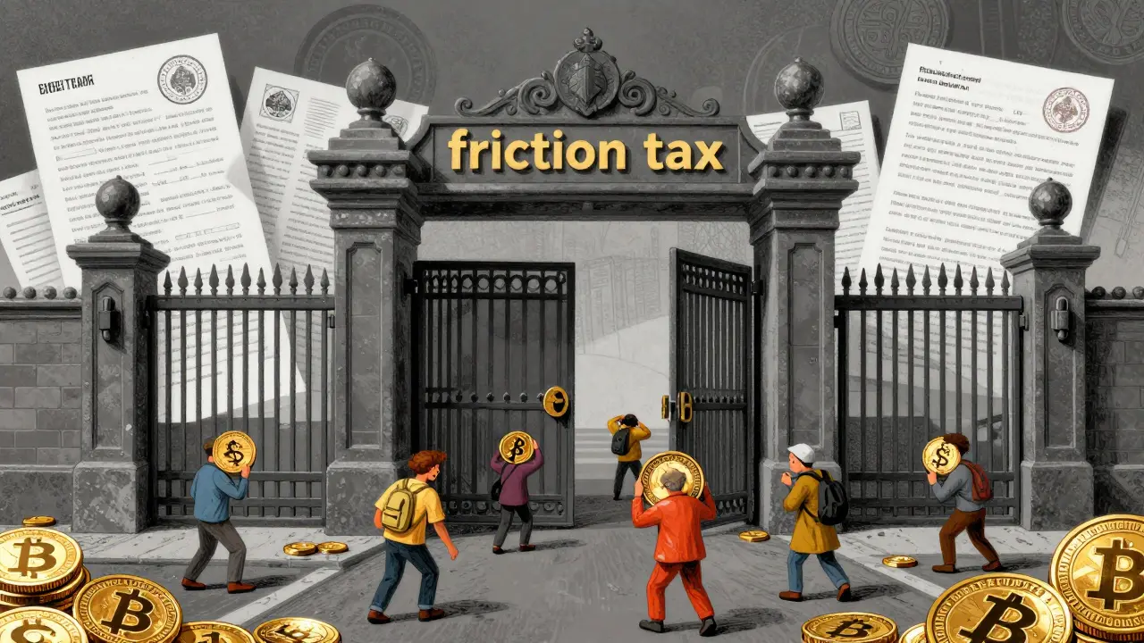 Small traders facing giant bureaucratic gates and piles of paperwork.