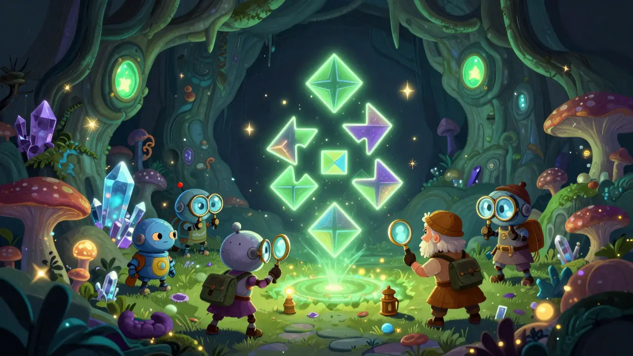 Whimsical robots solving glowing geometric puzzles in a bioluminescent cavern.