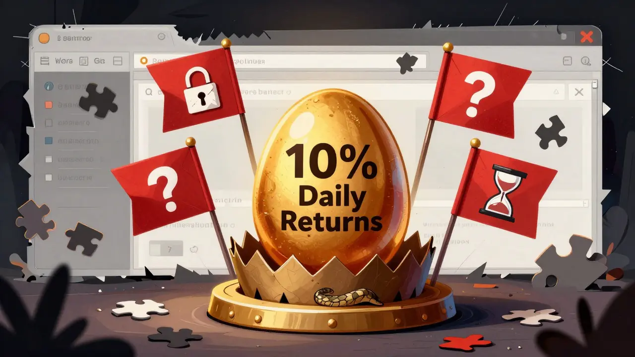 A deceptive golden egg trap surrounded by warning flags and scam indicators.