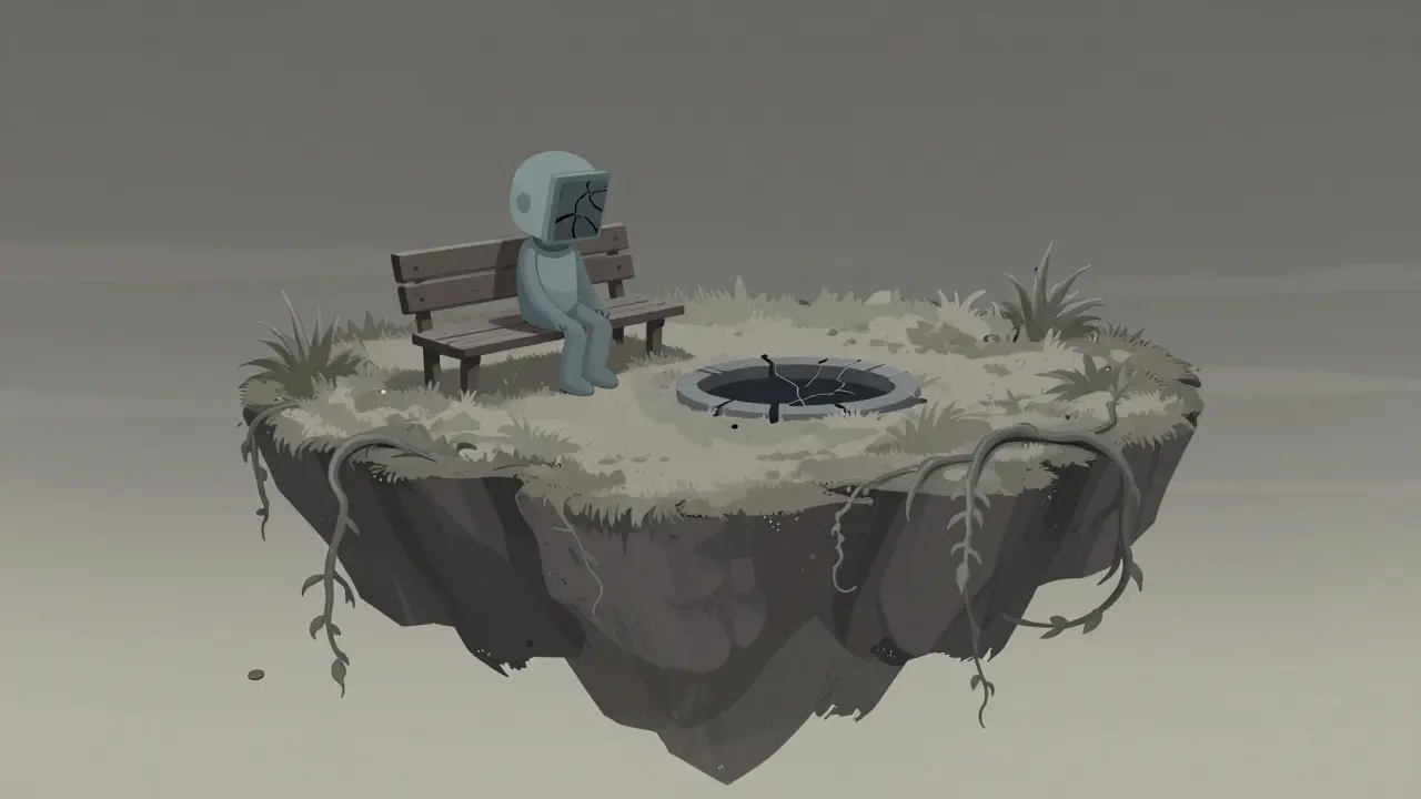 A desolate, overgrown sky island showing signs of abandonment and silence.
