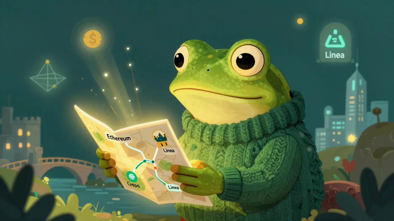 A friendly cartoon frog navigating a bridge between Ethereum and Linea ecosystems in a whimsical storybook setting.