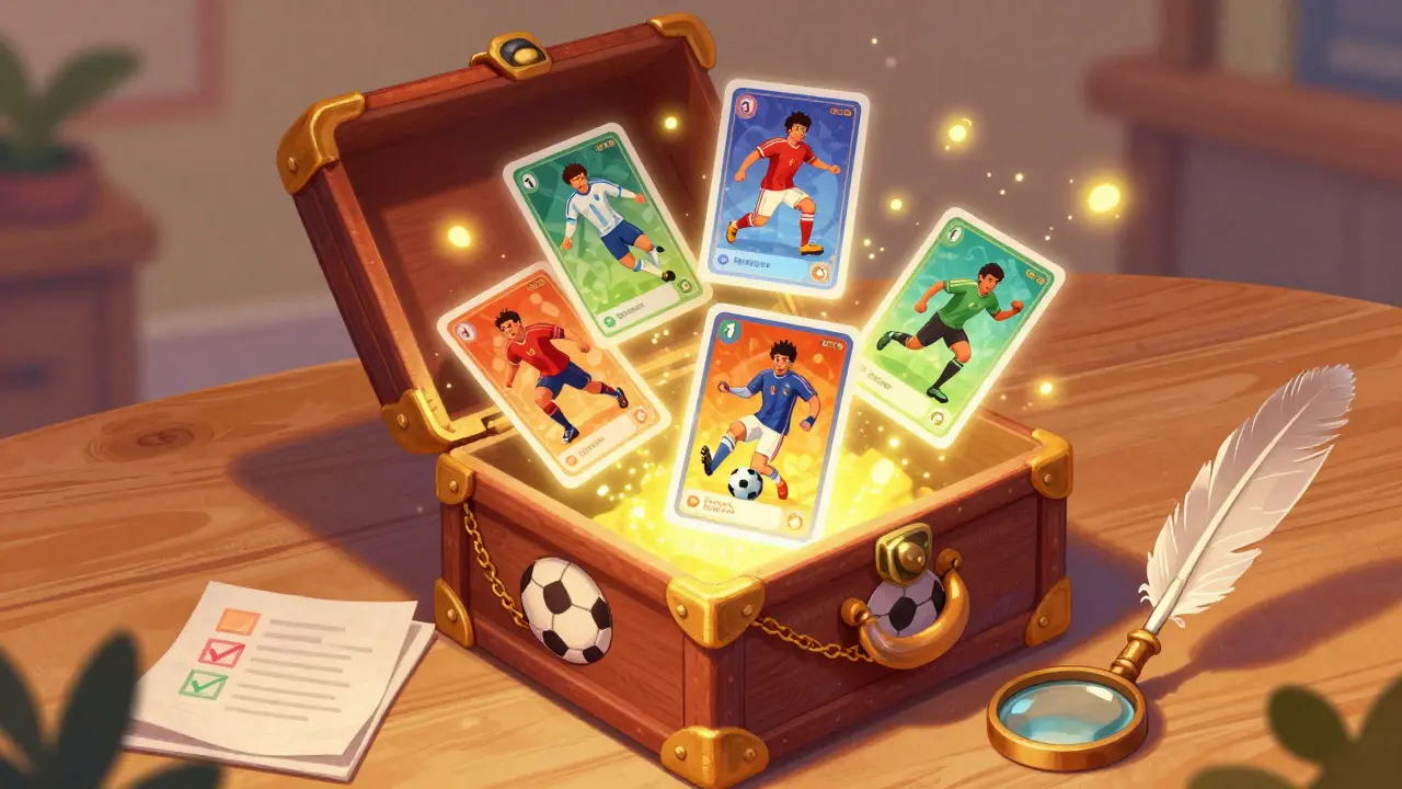 A magical mystery box opening to reveal floating football NFT cards.