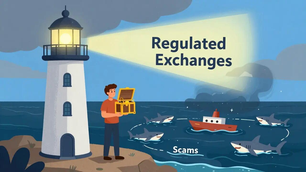 A safe lighthouse protecting a user with a hardware wallet from scam sharks in the sea.