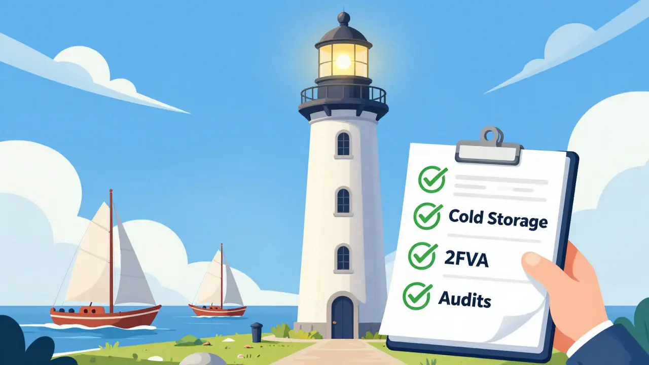 A secure lighthouse and checklist illustrating safety features of legitimate exchanges.