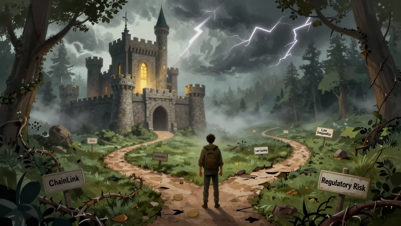 A traveler facing a risky, crumbling path versus a safe castle in a stormy forest.