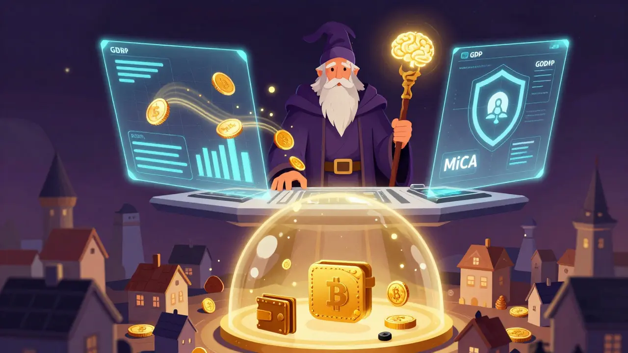 A wizard using AI tools to secure crypto assets and ensure compliance.