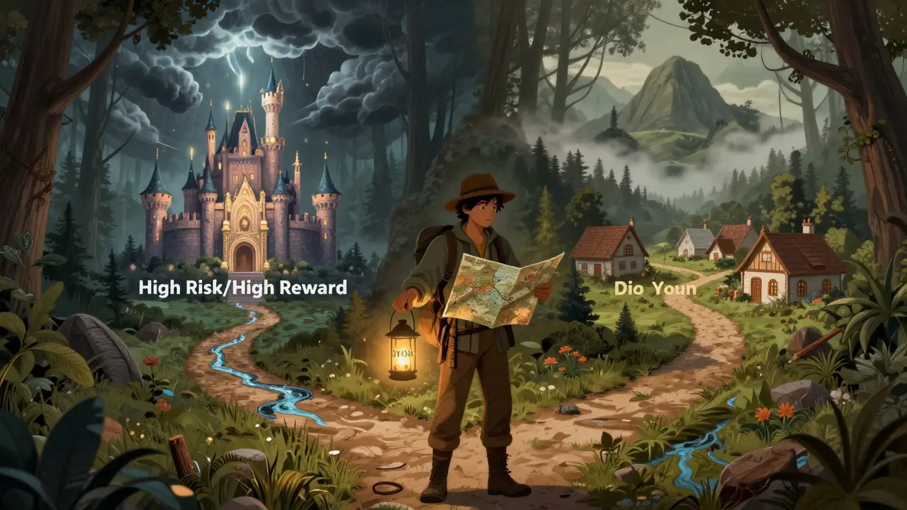 Adventurer choosing paths representing risk versus safety in crypto.