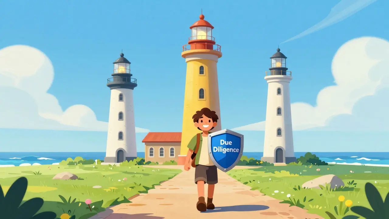 Adventurer walking toward safe lighthouses in bright illustration