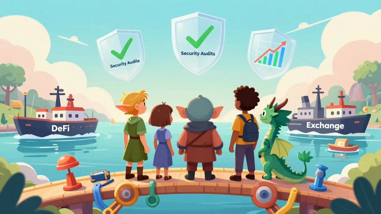 Adventurers collaborating on a secure bridge over safe crypto waters.
