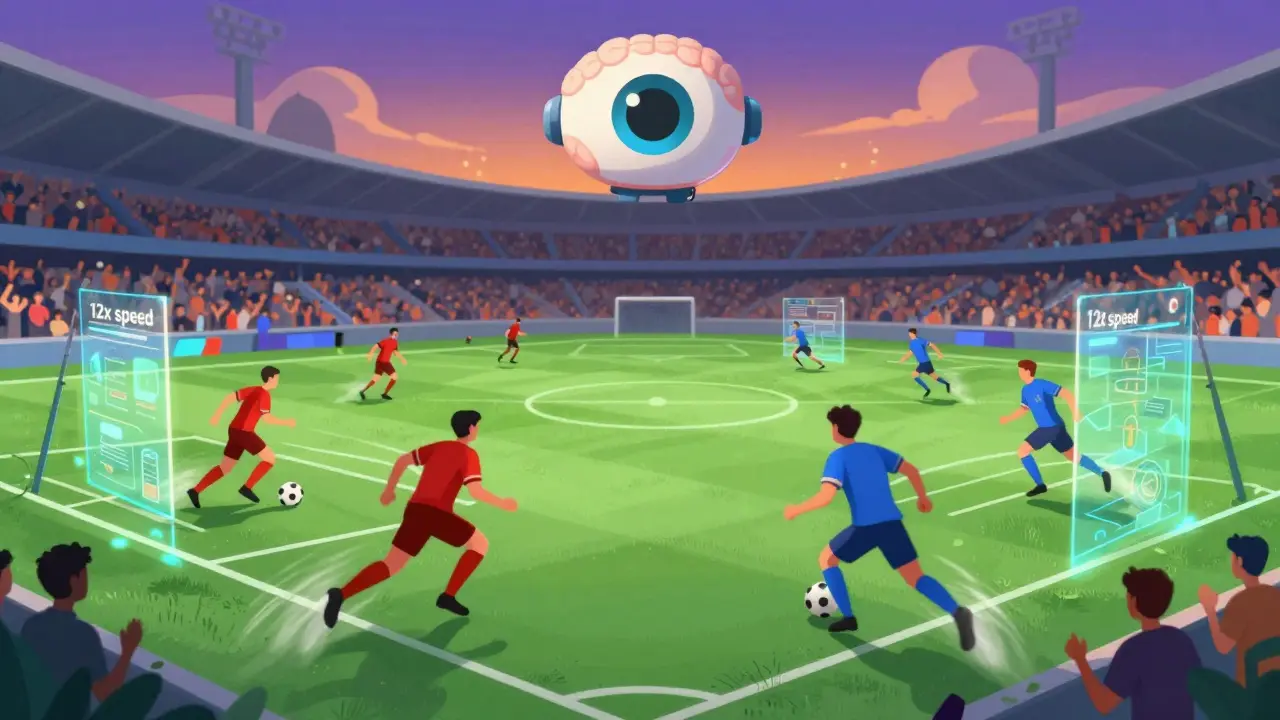 AI-enhanced football match with glowing data lines on a vibrant pitch.