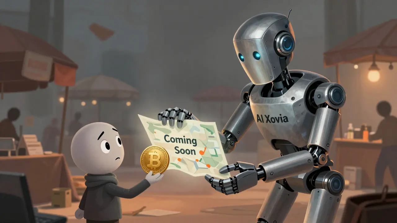 An AI robot acquiring a small crypto token in a mysterious, foggy marketplace.