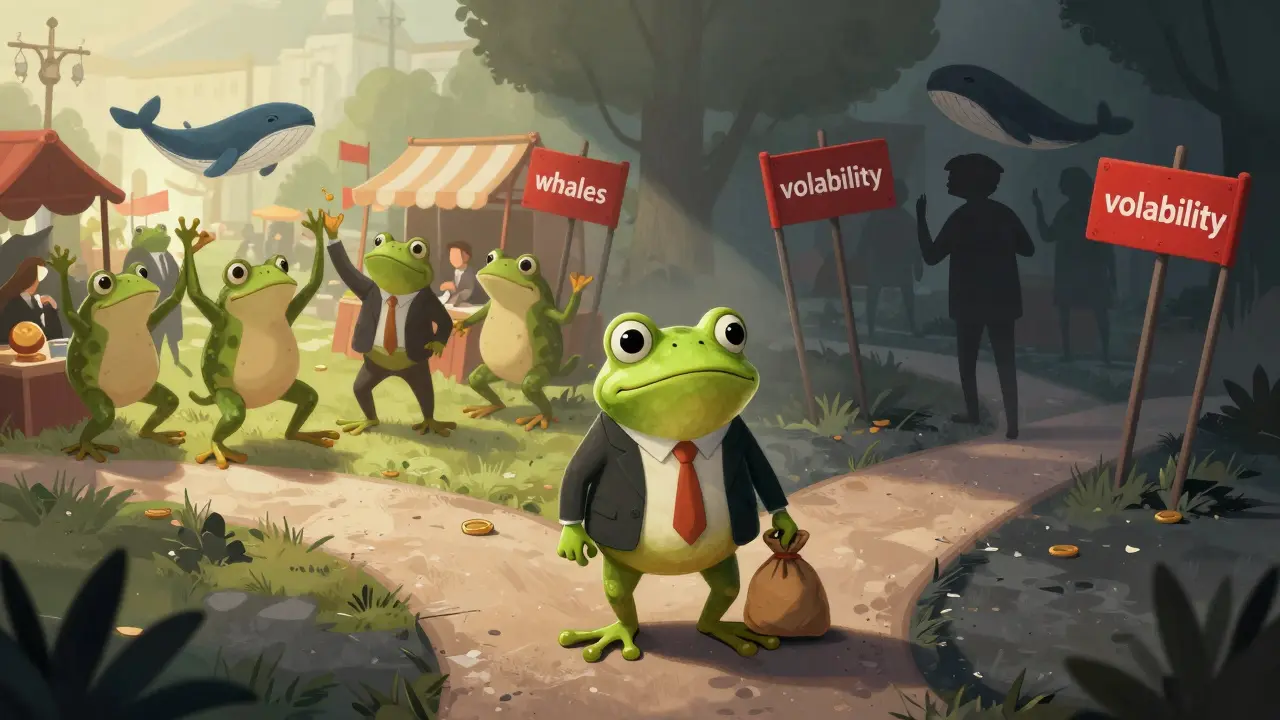 An illustrated frog at a crossroads weighing investment risks versus community rewards in a dramatic storybook scene.