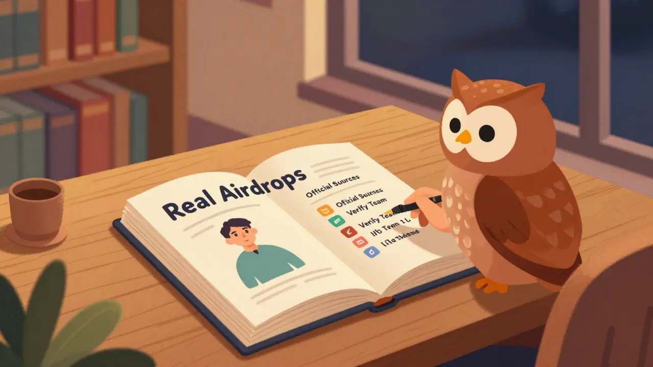 An owl librarian explaining real airdrop rules in a warm library setting.