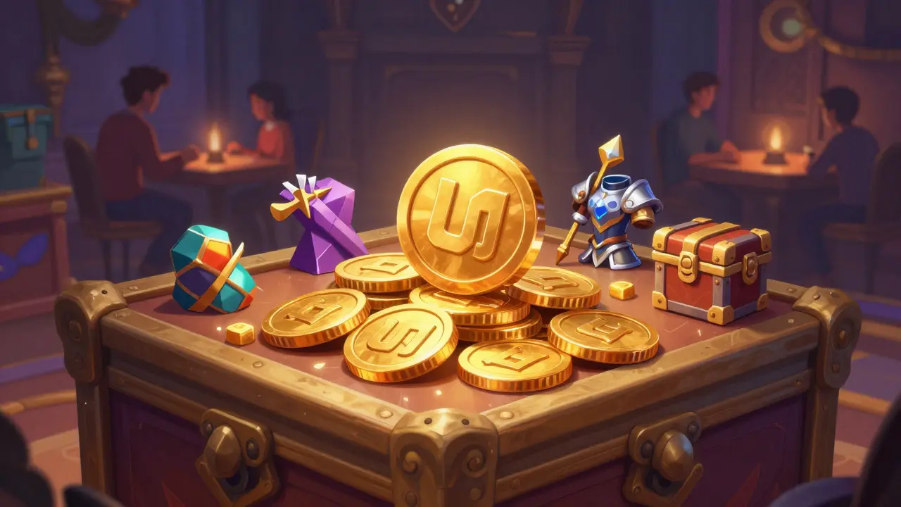 Artistic depiction of virtual currency and items in a digital marketplace.