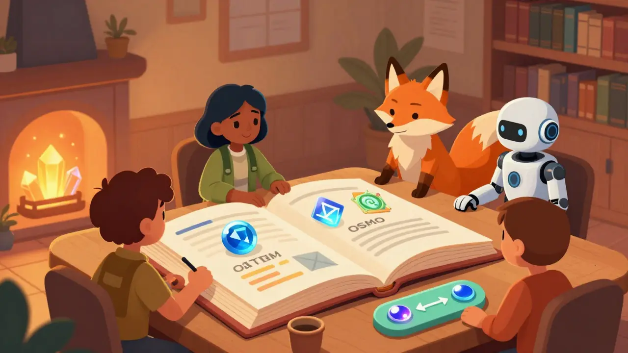 Cartoon characters using a simple, glowing interface to trade tokens.