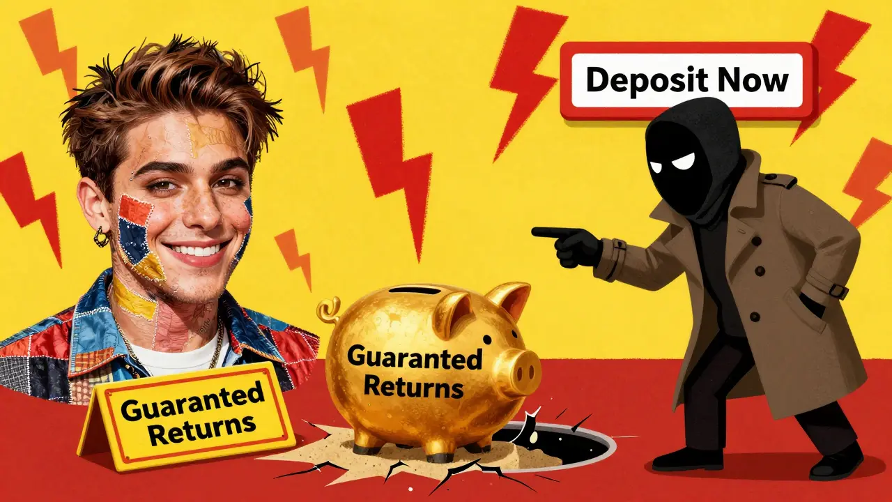 Cartoon depiction of fake endorsements and guaranteed returns traps in a storybook style.