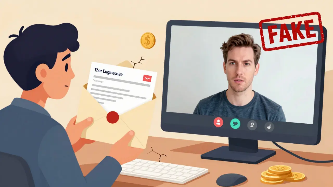 Cartoon depiction of social engineering scams including spear phishing emails and AI deepfakes.