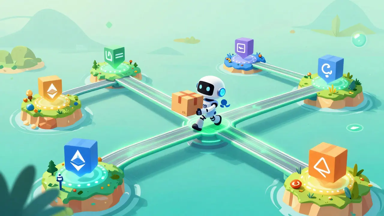 Cartoon robot bridging colorful blockchain islands in a vibrant digital network.