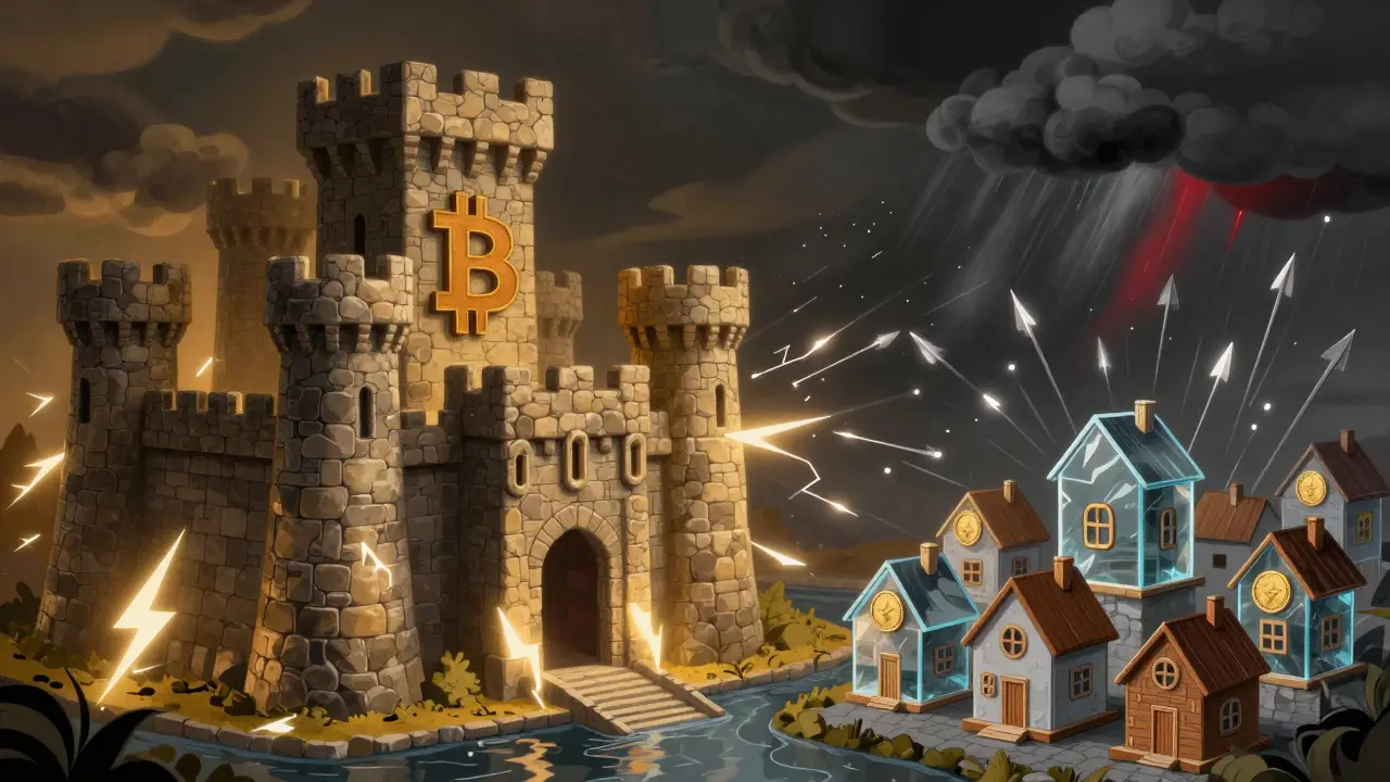 Cartoon showing secure vs vulnerable blockchains under attack