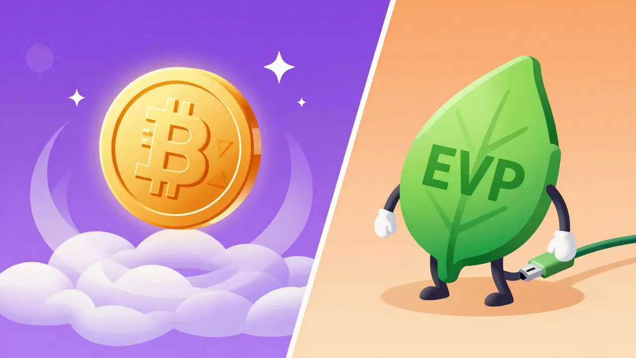 Cartoon split view comparing volatile EVZ coins with stable EVP utility points.