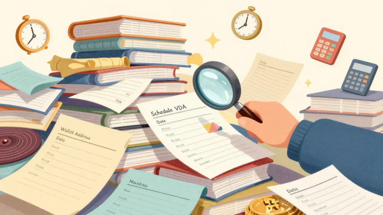 Character overwhelmed by piles of transaction records and tax forms