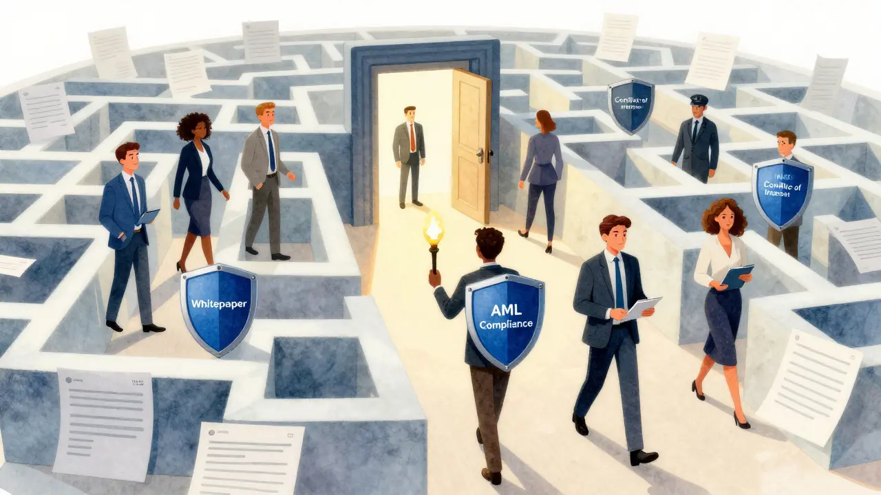 Characters navigating a compliance maze towards a regulator in a storybook style.