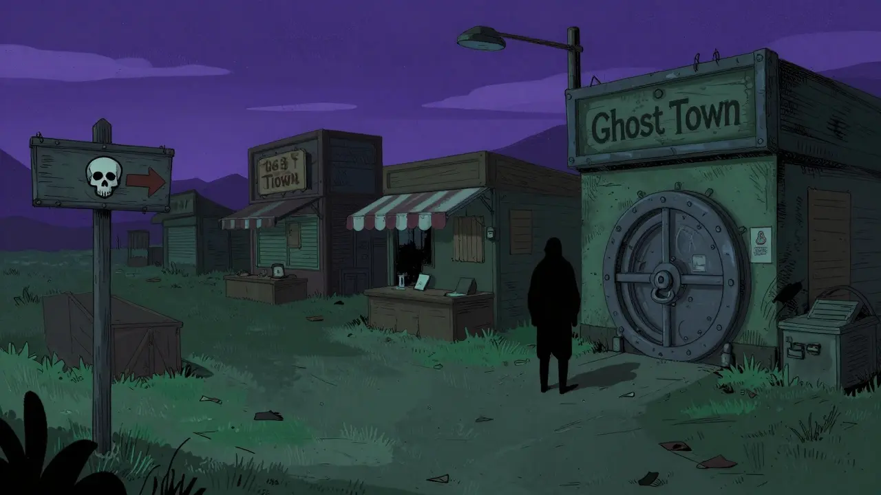 Deserted ghost town marketplace with warning signs indicating financial risk
