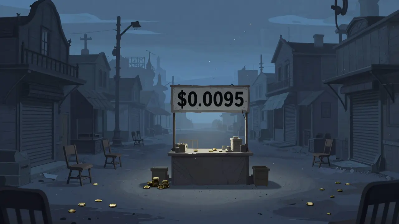 Desolate marketplace with a lone stall showing low token price and empty seats