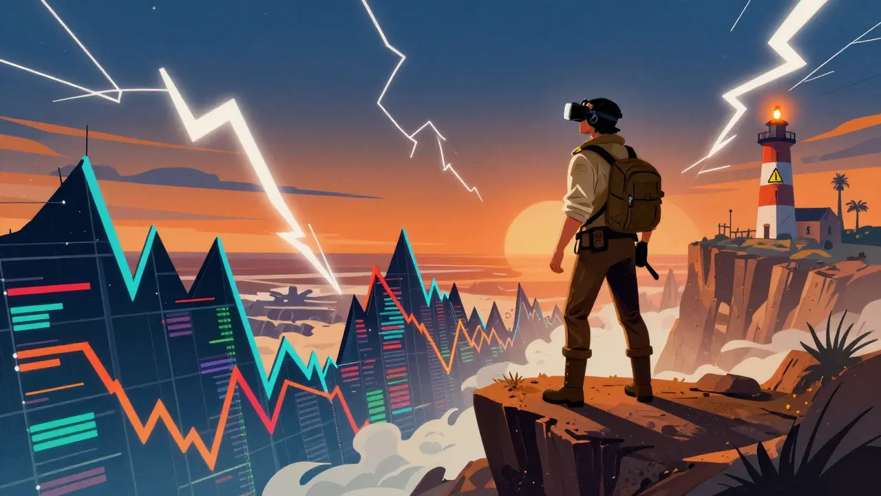 Explorer standing on a cliff edge watching volatile, stormy financial charts in a cartoon style.