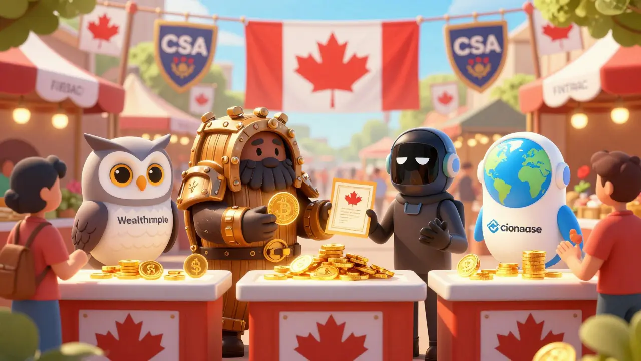 Friendly characters representing safe Canadian crypto exchanges