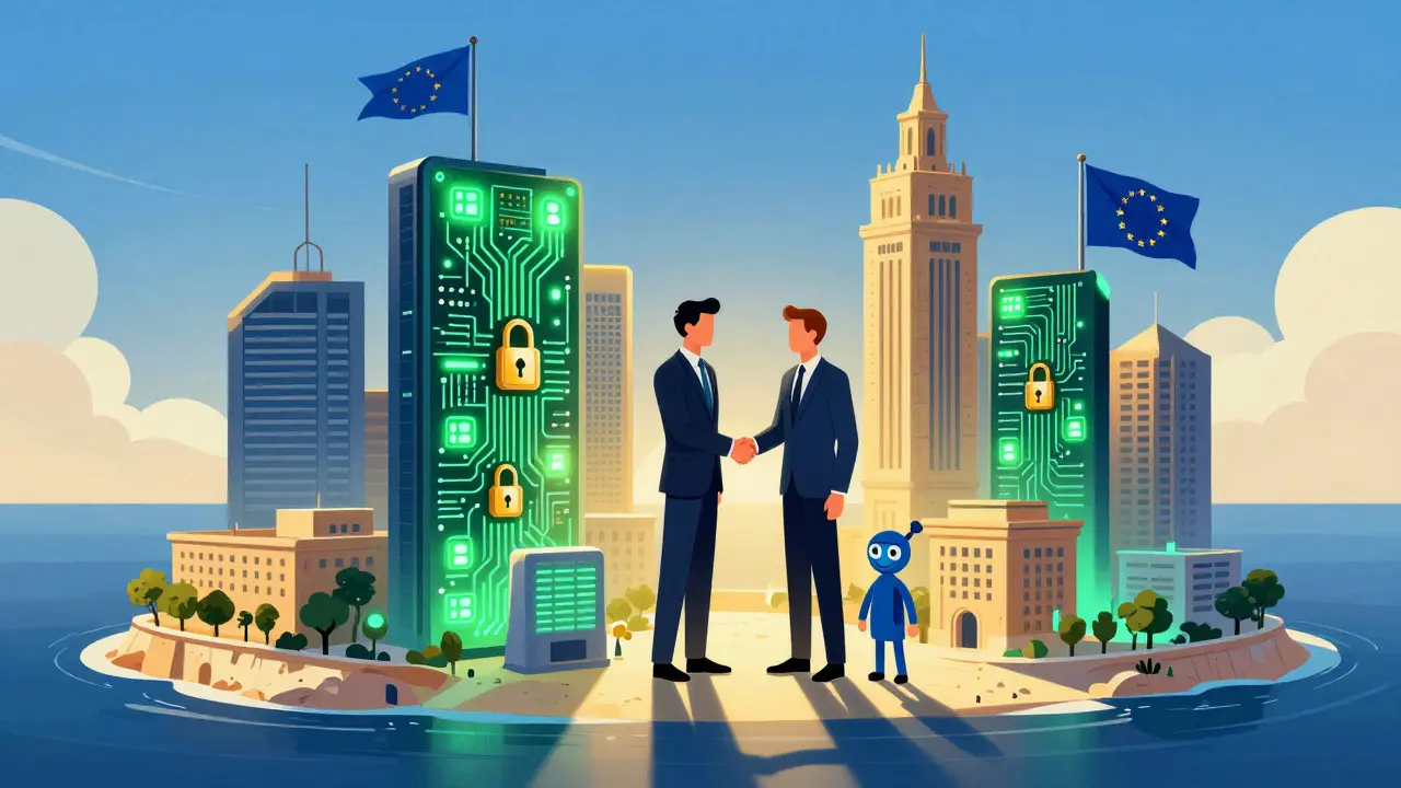 Futuristic Malta cityscape showing stable crypto regulation and business partnerships.
