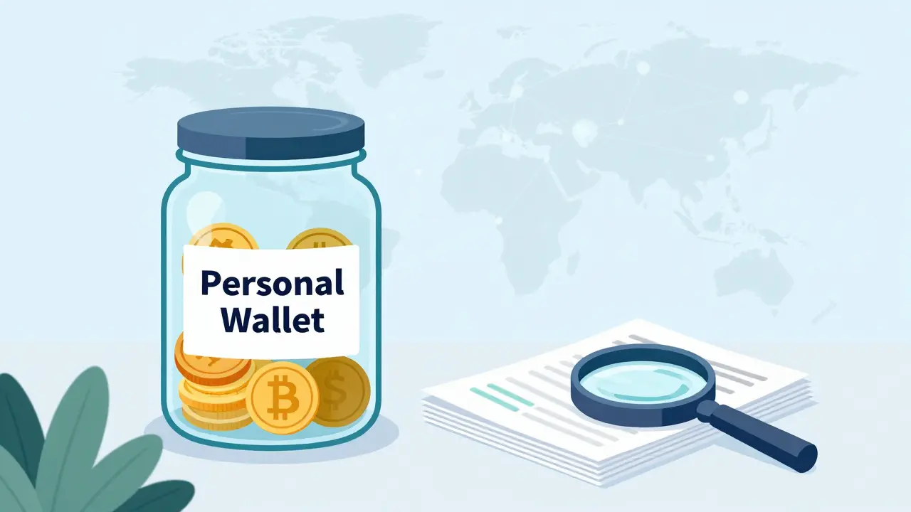 Glass jar with crypto coins and organized logs illustrating compliance tracking