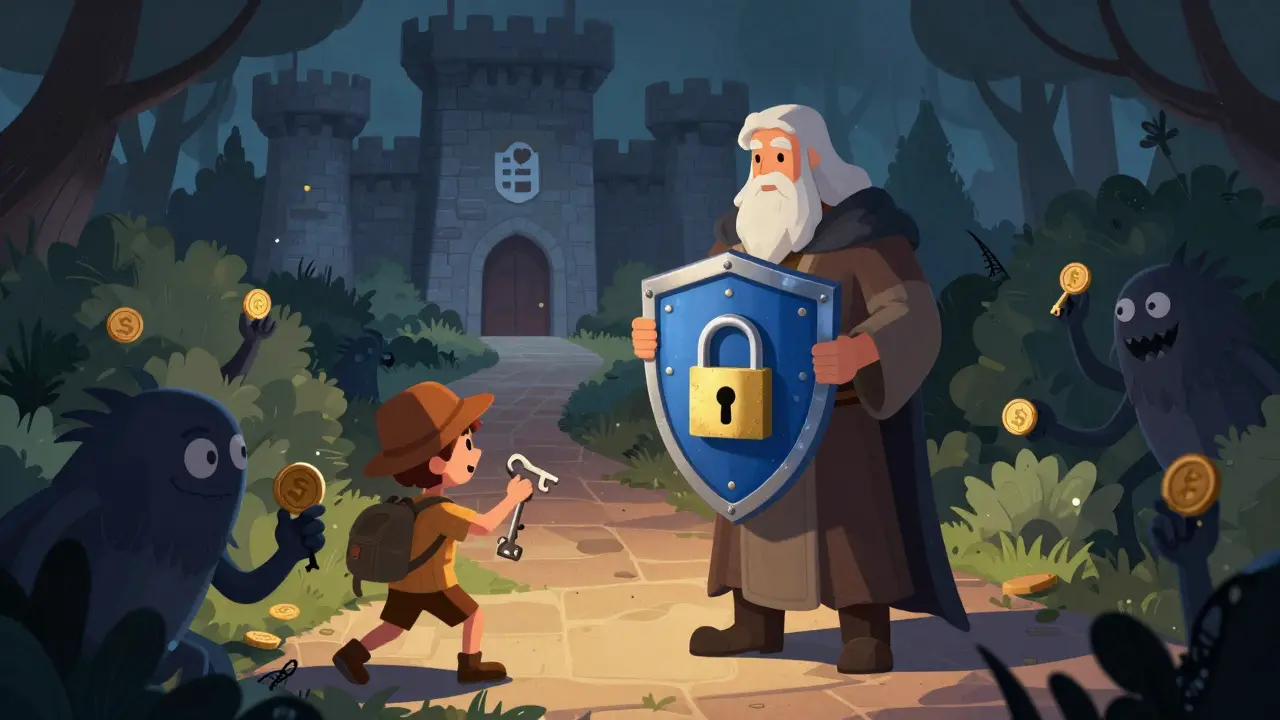 Guardian protecting traveler from scam shadows