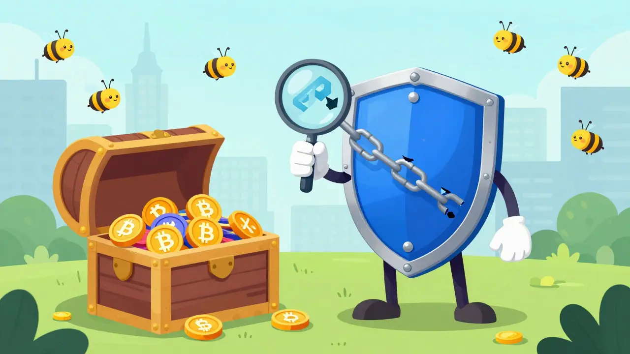 Illustration of a shield protecting crypto assets through verification