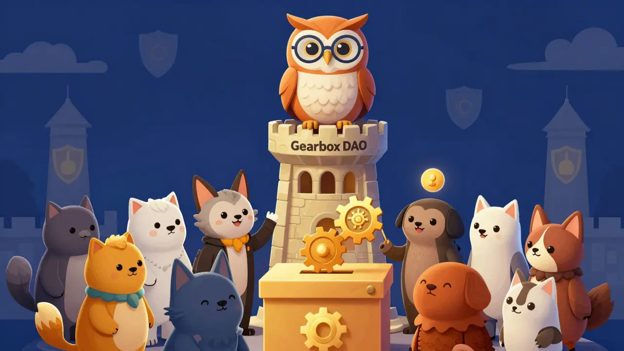 Illustration of diverse characters participating in decentralized DAO governance voting