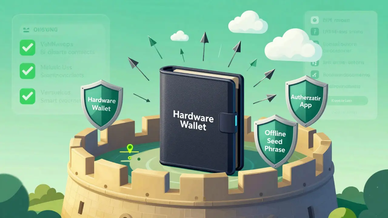 Illustration showing hardware wallets and security shields protecting crypto assets from threats.