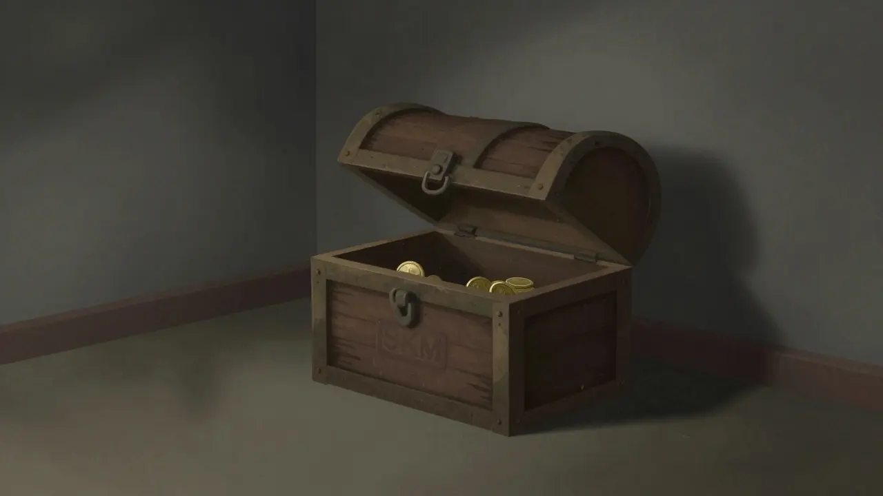 Lonely open treasure chest with few coins in a dark, dusty room