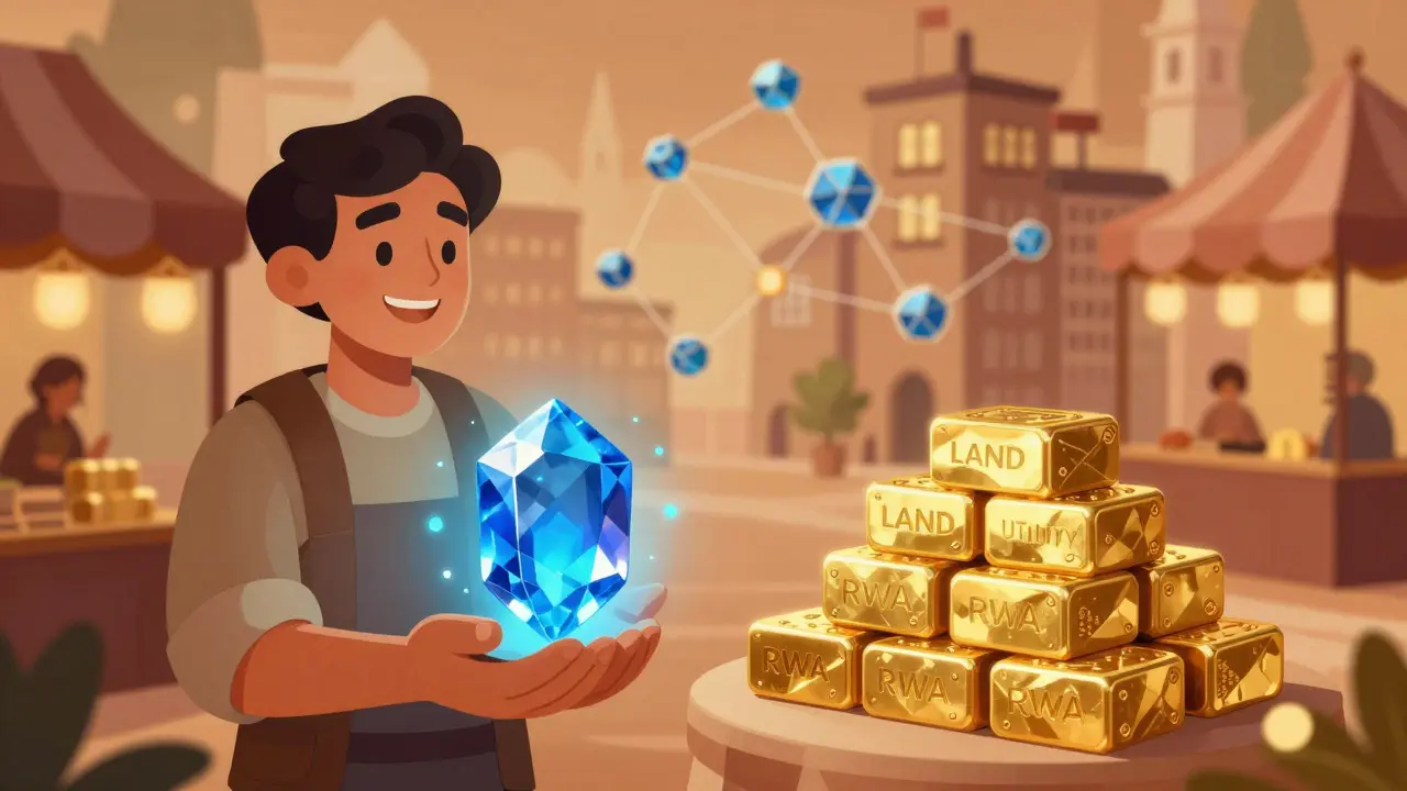 Merchant displaying LAND gems and RWA bricks