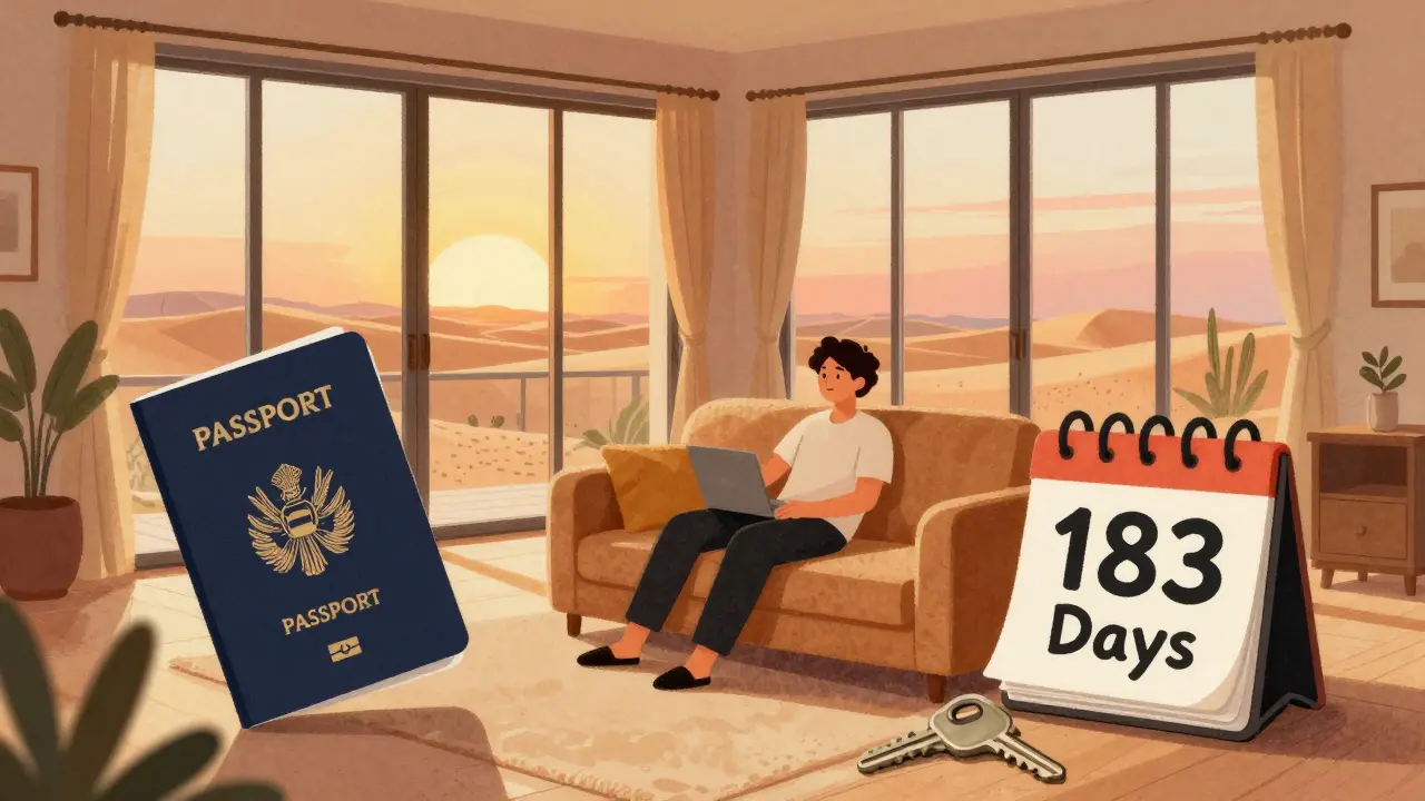 Person relaxing in UAE apartment with passport and calendar showing residency