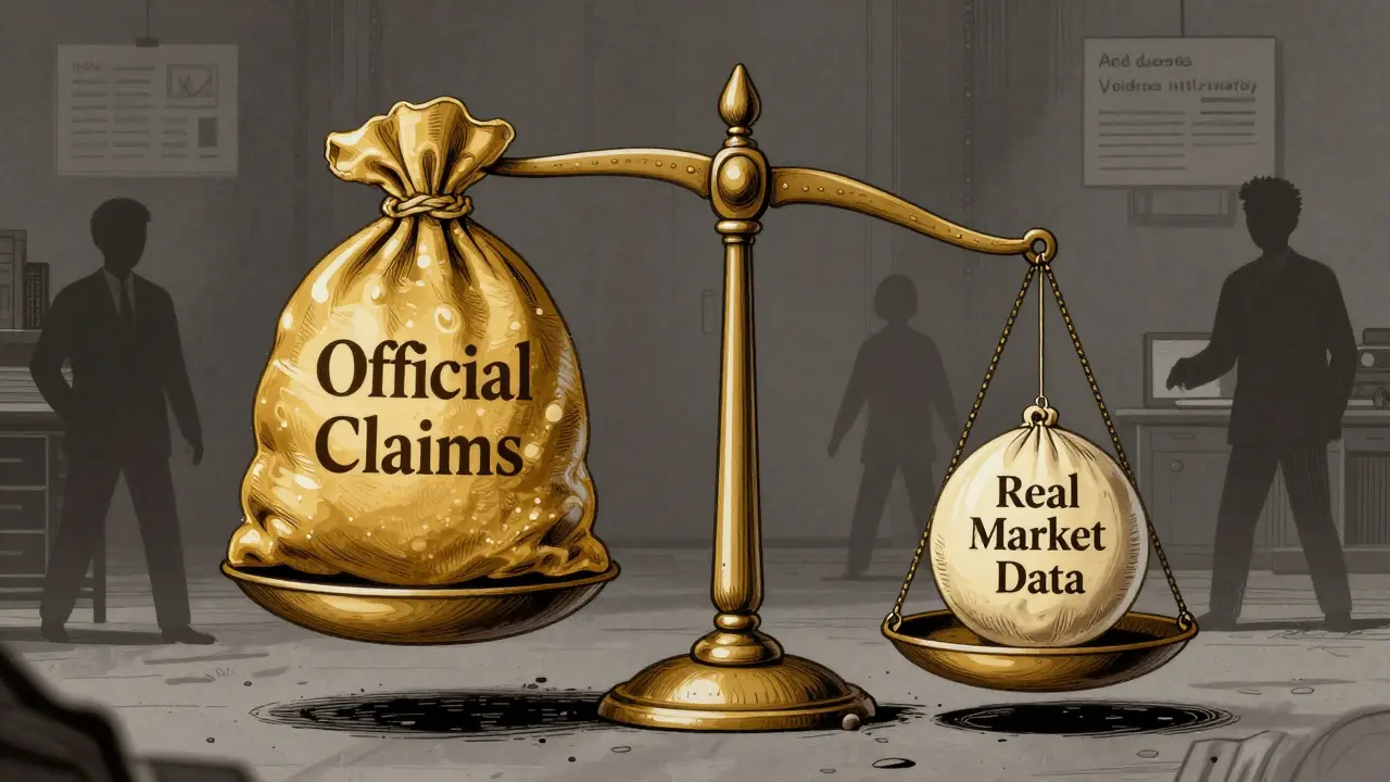 Scale showing disparity between official claims and real market data.