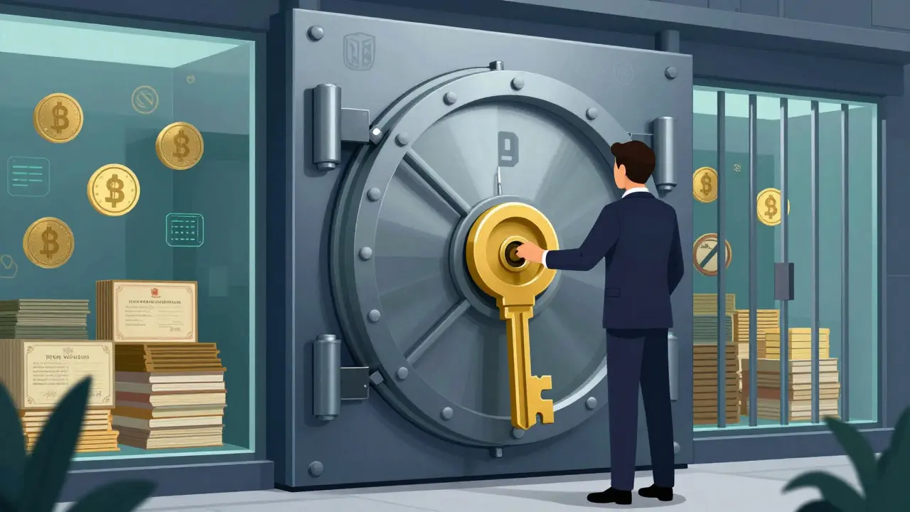 Secure vault with a Dong-shaped key, showing real-asset backing and prohibited stablecoins.